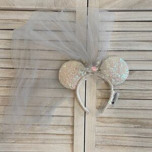 Disney Mickey Ears Sparkly White Wedding Headband with Tulle